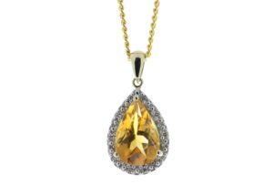 9ct Yellow Gold Citrine ring Diamond Cluster Pendant 0.08 Carats