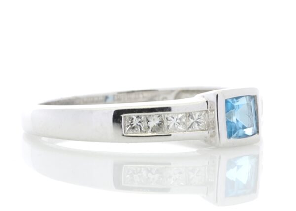 9ct White Gold Channel Set Diamond and Princess Cut Blue Topaz Ring 0.20 Carats - Image 4