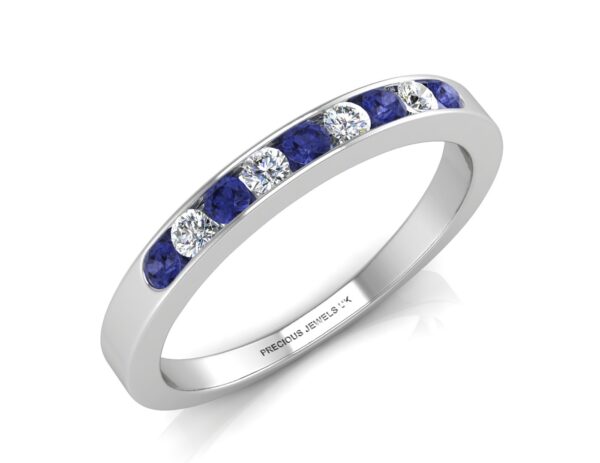 9ct White Gold Channel Set Semi Eternity Diamond & Sapphire Ring 0.12 Carats - Image 3