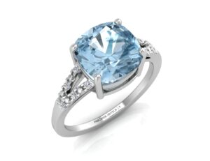 9ct White Gold Cushion Cut Blue Topaz With Diamond Set Shoulders Ring 0.06 Carats