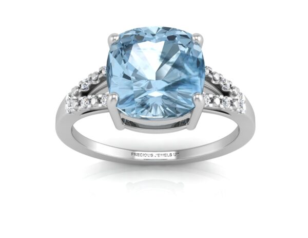 9ct White Gold Cushion Cut Blue Topaz With Diamond Set Shoulders Ring 0.06 Carats - Image 3