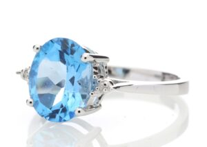 9ct White Gold Diamond And Blue Topaz Ring 0.01 Carats