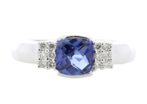 9ct White Gold Created Ceylon Sapphire Diamond Ring 0.08 Carats