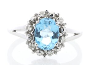 9ct White Gold Blue Topaz Diamond Cluster Ring 0.04 Carats