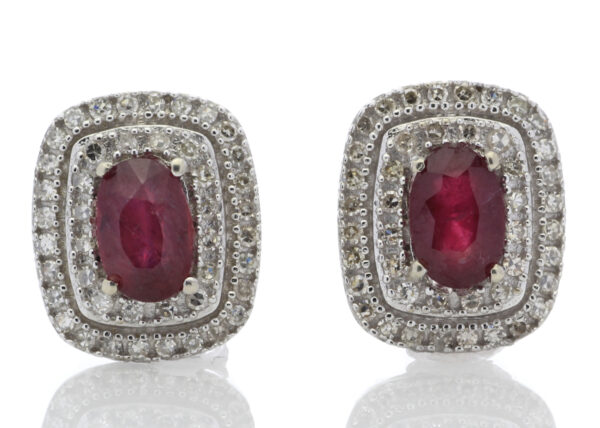 9ct White Gold Oval Diamond And Ruby Cluster Diamond Earring 0.35