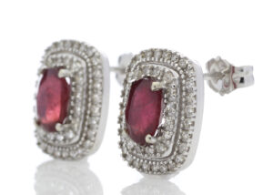 9ct White Gold Oval Diamond And Ruby Cluster Diamond Earring 0.35