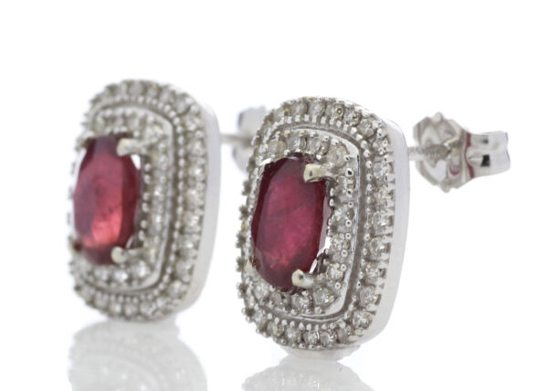 9ct White Gold Oval Diamond And Ruby Cluster Diamond Earring 0.35 - Image 2