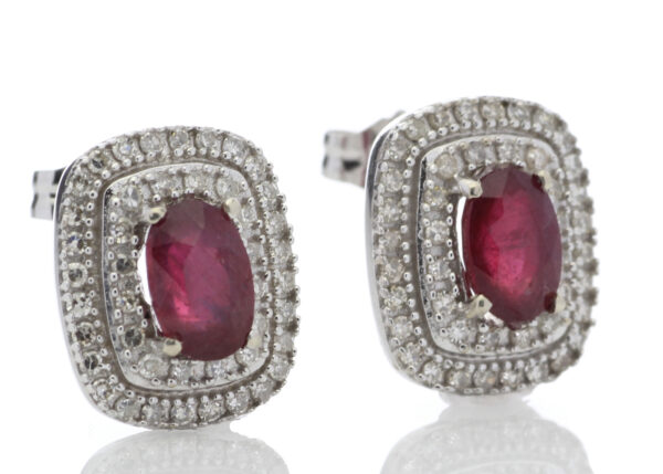 9ct White Gold Oval Diamond And Ruby Cluster Diamond Earring 0.35 - Image 3