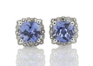 9ct White Gold Created Ceylon Sapphire Diamond Earring 0.08 Carats