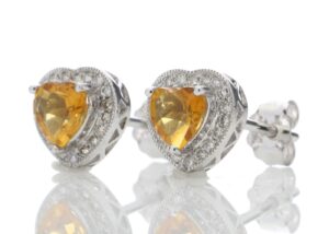 9ct White Gold Citrine Heart Diamond Earring 0.18 Carats