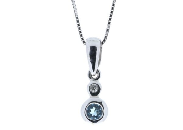 9ct White Gold Single Stone Rub Over Set Diamond Blue Topaz Pendant 0.02 Carats