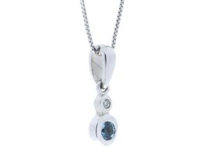 9ct White Gold Single Stone Rub Over Set Diamond Blue Topaz Pendant 0.02 Carats