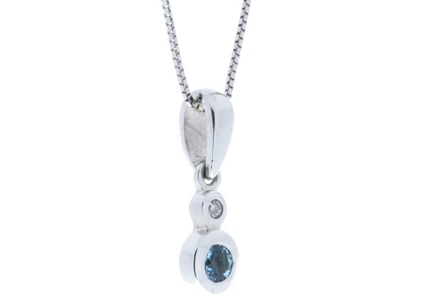 9ct White Gold Single Stone Rub Over Set Diamond Blue Topaz Pendant 0.02 Carats - Image 2