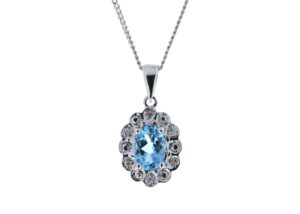 9ct White Gold Fancy Cluster Diamond Blue Topaz Pendant 0.02 Carats