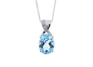 9ct White Gold Diamond And Blue Topaz Pendant 0.01 Carats