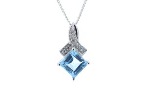 9ct White Gold Diamond And Blue Topaz Pendant 0.02 Carats