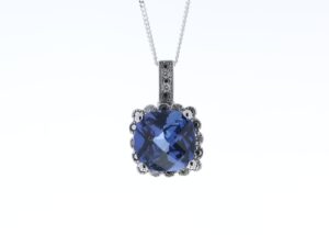 9ct White Gold Created Ceylon Sapphire Diamond Pendant 0.05 Carats