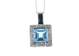 9ct White Gold Blue Topaz Diamond Cluster Pendant 0.04 Carats