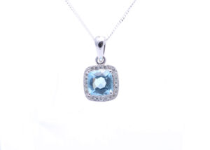 9ct White Gold Blue Topaz And Diamond Pendant 0.12 Carats