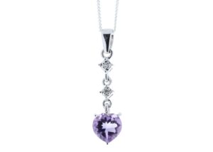 9ct White Gold Amethyst Heart Shape Diamond Pendant 0.01 Carats