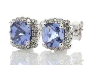 9ct White Gold Created Ceylon Sapphire Diamond Earring 0.08 Carats