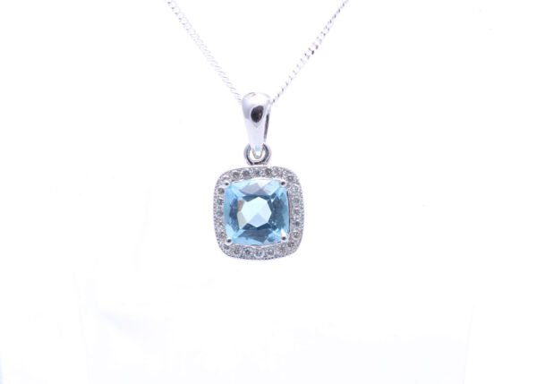 9ct White Gold Blue Topaz And Diamond Pendant 0.12 Carats