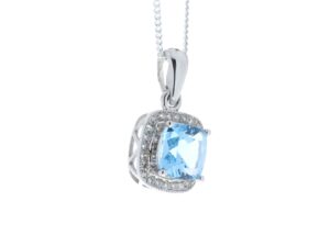 9ct White Gold Blue Topaz And Diamond Pendant 0.12 Carats